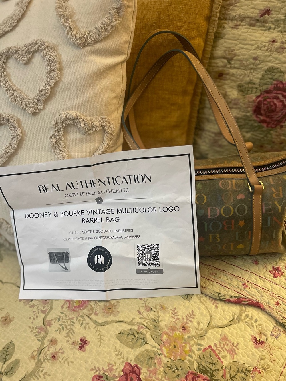 Dooney & Bourke Multicolor Logo Barrel Bag with Tan Leather Trim